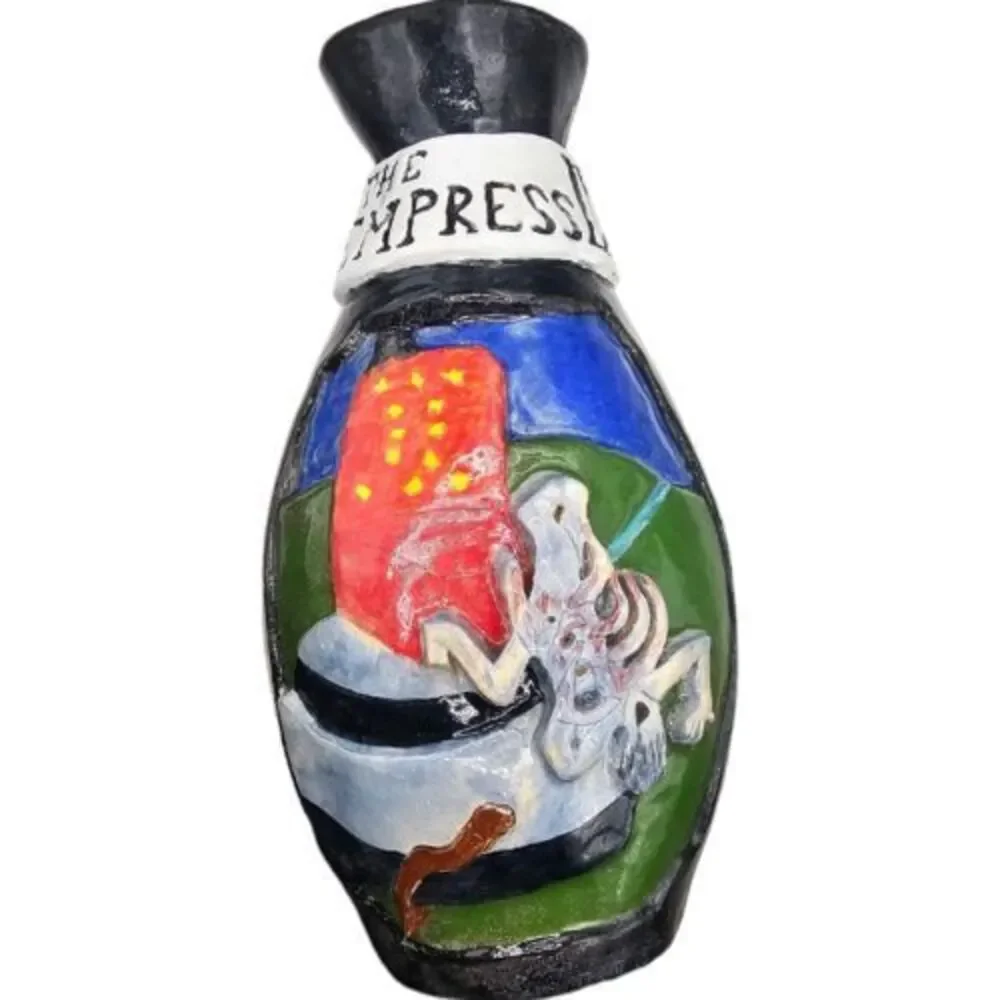 Red & Black Tarot Skeleton Spooky‎ Witch Warlock Handmade Heavy Pottery Vase